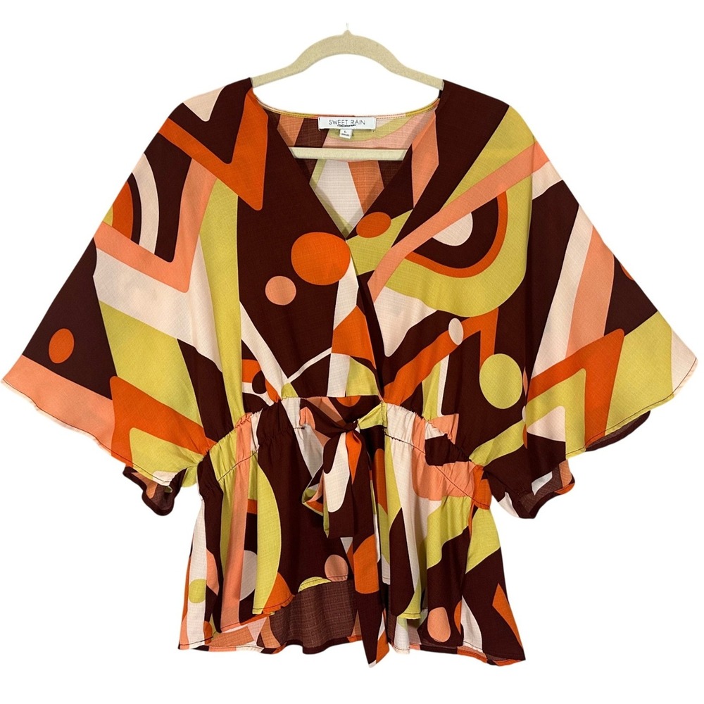 Sweet Rain Retro Geometric Print Kimono Blouse Sz L Mod 60s 70s Abstract Earthy